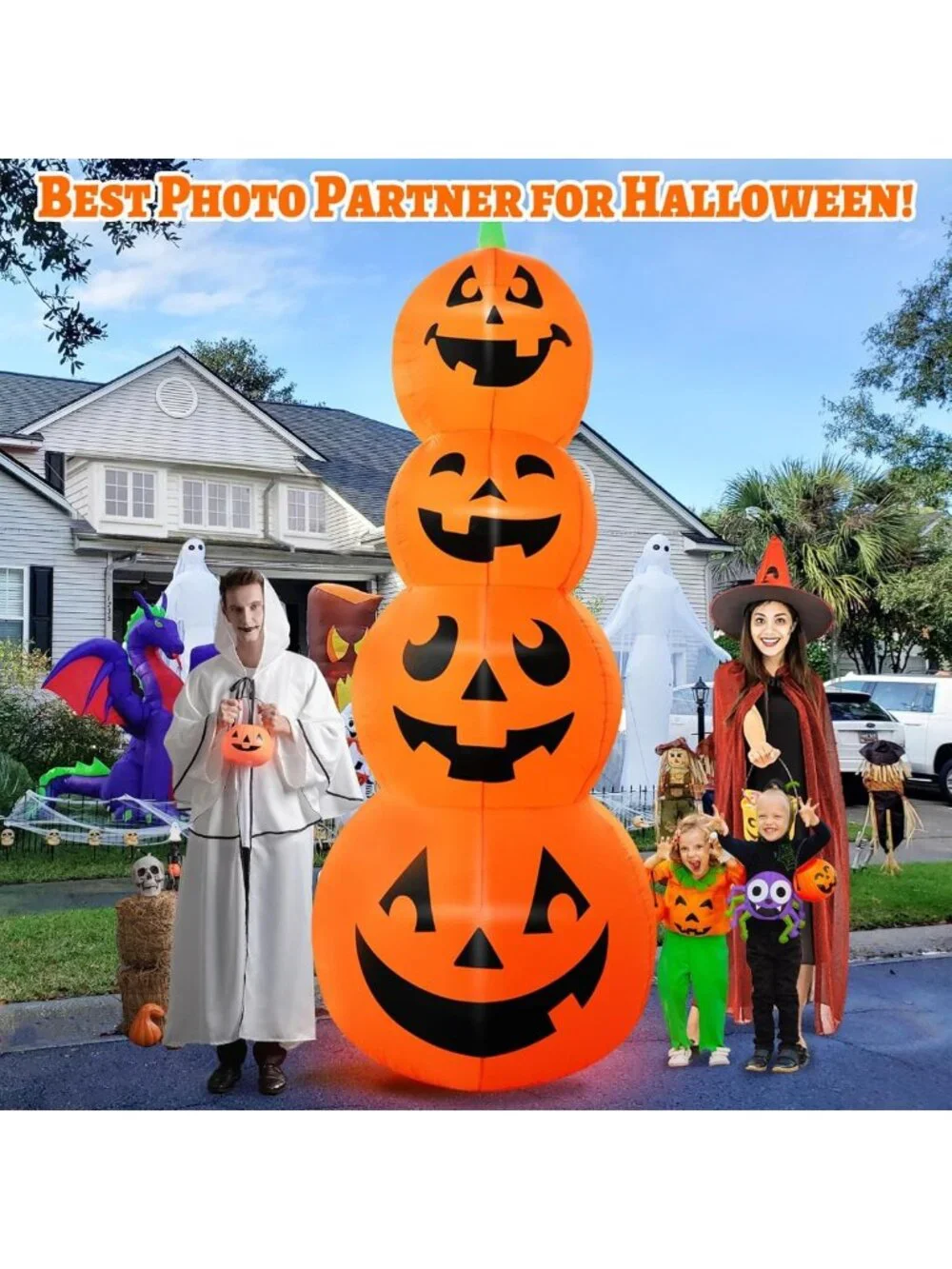 12FT Inflatable Stacked Pumpkin Decoration with LEDs for Halloween Outdoor Party